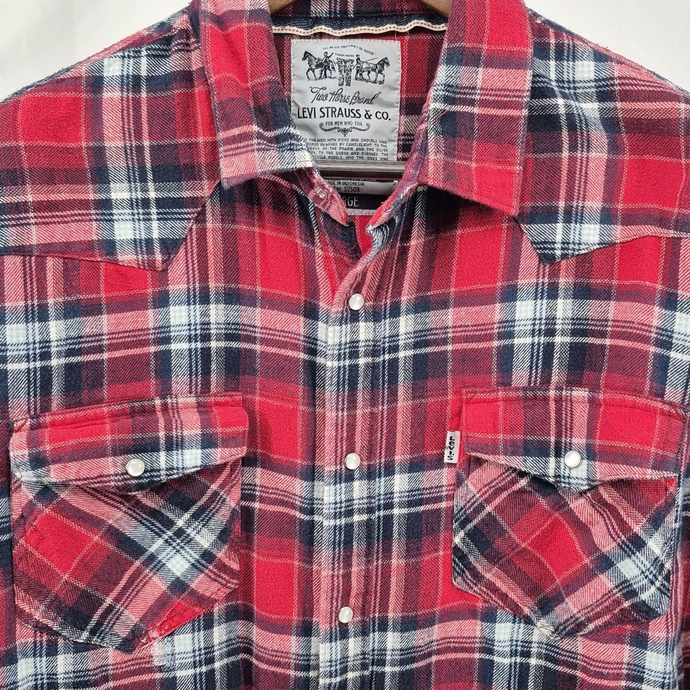 Levis‎ Flannel Shirt Mens Large Red Plaid Check Pearl Snap Western Gorpcore
